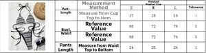 Size chart for bikini set with bust and waist measurements in S M L dimensions