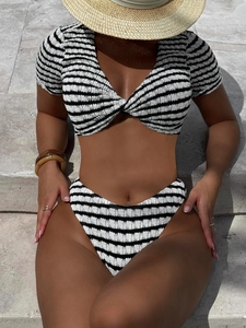 Chic black and white striped two-piece bikini set with V-neck top and high waist bottom