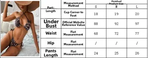 Guide des tailles du bikini léopard avec mesures détaillées pour les tailles S, M, L