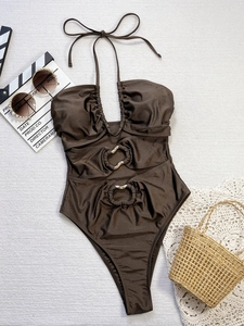 Brown cutout one-piece bikini swimsuit with halter neck and decorative gold rings