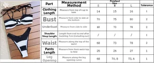 Size chart for women bikini set with measurements for chest, waist, and length