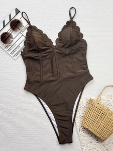 Mocha brown deep V-neck one-piece swimsuit with scallop edges and corset-style seams