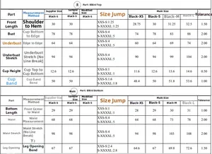 Size guide for sexy solid color one-shoulder bikini sets with detailed measurements