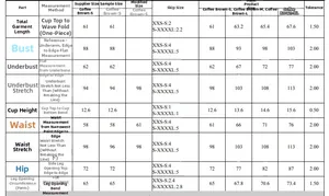 Detailed size guide table for women's brown cutout one-piece swimsuit with measurements