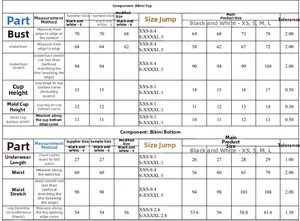 Detailed sizing chart for women's bikini top and bottom sets with specific measurements