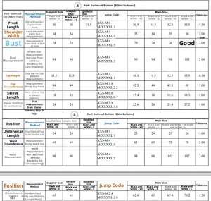 Detailed size chart for women's black and white bikini set including top and bottoms measurements