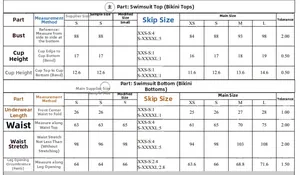 Detailed size chart for floral bikini set showing chest, waist, and cup measurements