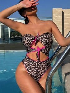 Maillot de Bain Une Pièce Sexy pour Femme Imprimé Léopard Découpe Nœud Papillon Avant Monokini Bordure Rose Néon Tenue de Plage