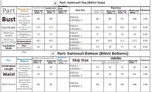 Detailed size chart for bikini set including bust, waist, and cup measurements in cm