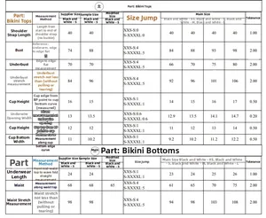 Tableau des tailles détaillé pour bikini sexy dos nu avec mesures du haut et du bas