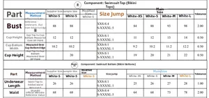 Detailed size guide table for women's bikini tops and bottoms from sizes XS to L in cm