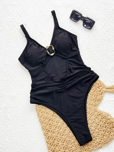Sexy black one-piece swimsuit with cutout waist design and golden ring hardware details
