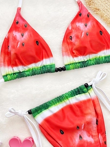 Sexy watermelon print bikini set with lace-up triangle top and side-tie bottoms