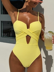 Women Yellow Ribbed One Piece Swimsuit Cutout Crisscross Neck High Cut Sleeveless Monokini Summer Beachwear Vacation Swimwear