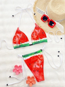 Watermelon print bikini set with halter top and side-tie bottoms for beachwear