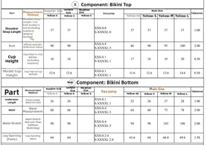 Detailed size chart for sexy triangle bikini set with specific measurements for XS to L