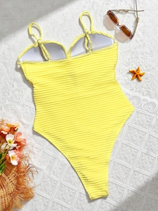 Yellow textured ribbed one-piece swimsuit with sweetheart neckline and high-cut leg