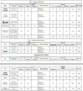 Detailed size chart for sexy three-piece bikini set including tops, bottoms and skirts
