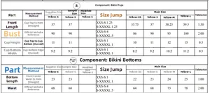 Guide détaillé des tailles pour bikini jaune deux pièces avec mesures du haut et du bas