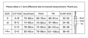 Detailed size guide table for women sports one-piece swimwear with CM measurements