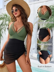 Detail of tummy control swimsuits with supportive V-neck and sheer mesh panel design