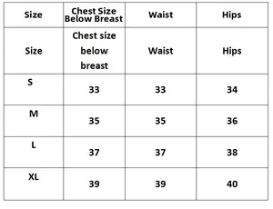 Detailed size chart for high-waisted bikini with bust, waist, and hip measurements