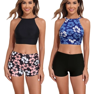 Maillot de Bain Femme Sexy Taille Haute Imprimé Floral Tankini Sportif Top And Bottom Bikini Cordon de Serrage Plage