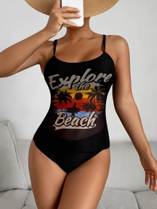 Detail of black bikini with sunset print, thin straps and mesh panels for women