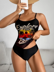 Detail of Explore the Beach print on black two-piece bikini set with high waist bottom