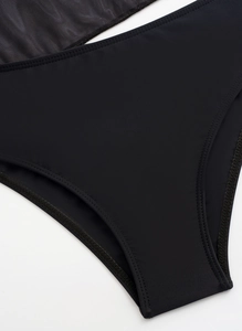 Detailed view of black mesh stitching and high-density matte fabric on the bikini