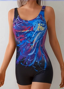 Detail of modest one-piece swimsuit featuring abstract print and athletic boyleg shorts