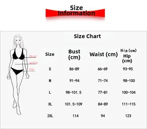 Size chart showing bust, waist and hip measurements for three-piece high waist bikini sets
