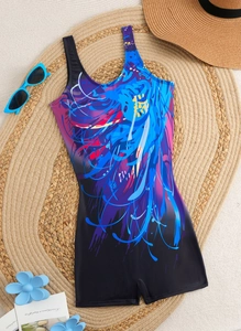 One-piece boyshort swimsuit featuring blue abstract feather prints on a summer beach mat