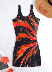 One-piece athletic swimsuit with vibrant orange feather print on a marble background