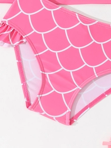 Roze zeemeermin zwembroekje voor meisjes met schubbenprint en ruches bij de taille