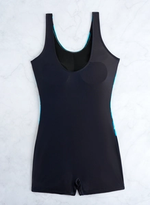 Detailed flat lay of women's black boyleg one-piece swimsuit with U-neck design