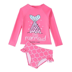 Tweeledig meisjes zwempak met lange mouwen, roze zeemeermin-motief en ruches details
