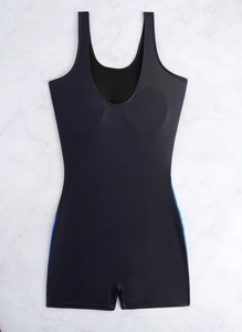 Detail of black athletic swimsuit featuring wide shoulder straps and blue side piping