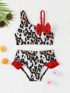 Kids Girls Bikini Set Two Piece Swimsuit One Shoulder Bow Strawberry Cow Leopard Print Ruffles Summer Beachwear Bathing Suit