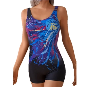 Women's one-piece athletic swimsuit with abstract print and boyshort bottom in dark blue