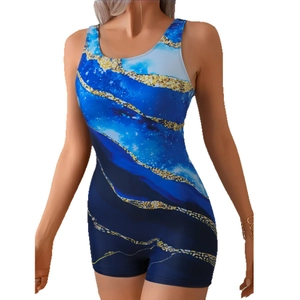 Women's athletic one-piece swimsuit with blue marble print and boyleg shorts design
