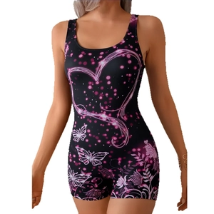Women's black one-piece boyleg swimsuit with pink floral and butterfly patterns