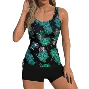 Bloemen tankini badpak met trekkoord top en zwarte high waisted zwemshort voor dames