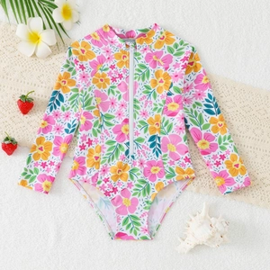 Costume da Bagno a Maniche Lunghe per Bambina Stampa Floreale Cerniera Anteriore Protezione Solare Kids Beachwear