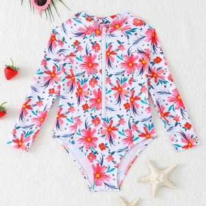 Costume da bagno intero a maniche lunghe per bambina con stampa floreale e cerniera