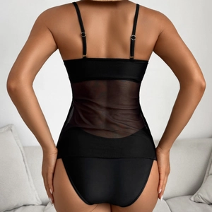 Black one-piece swimsuit for women with mesh back design and adjustable straps