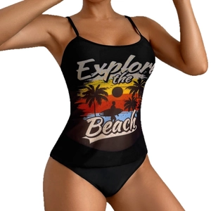 Black spaghetti strap one-piece swimsuit with retro palm tree sunset graphic print