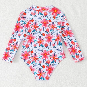 Costume da bagno intero a maniche lunghe per bambina con stampa floreale e zip