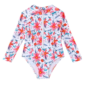 Costume intero bambina a maniche lunghe con stampa floreale e chiusura a zip