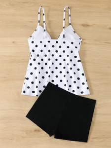 Flachbild-Tankini für Damen mit schwarzen Polka Dots und High-Waist-Schwimmshorts